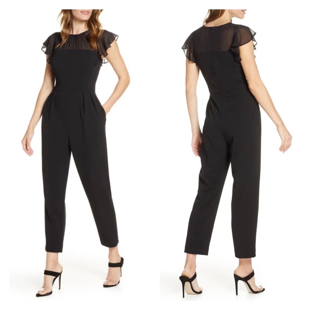 Harper Rose Pantsuit Gathered Illusion Neck Flutter Sleeve Black Jumpsuit Size 4